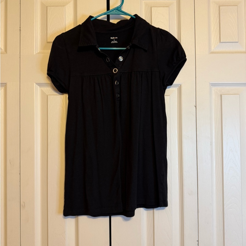 Style & Co. Black Cap‎ Sleeve Polo Blouse